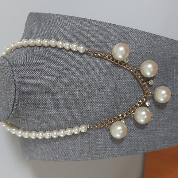 Unique Faux Pearl Chunky Necklace Gold Curb Chain Crstals 17-19" - Picture 3 of 5